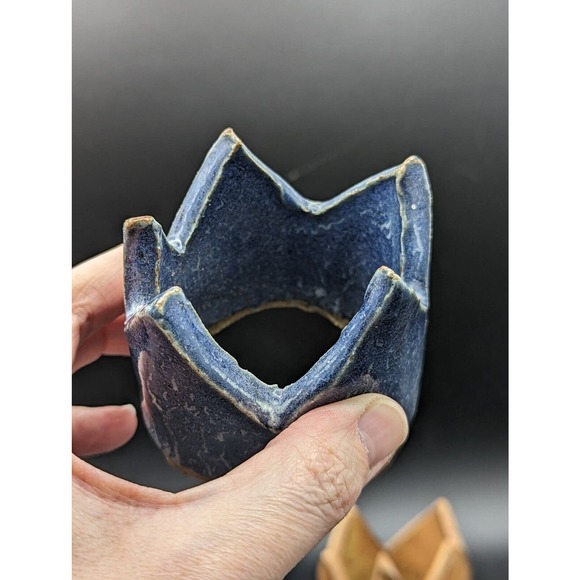 Studio pottery pair of crowns candle holders shelf table decor handmade - Picture 6 of 16